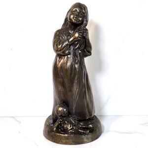 Heredities Bronze Figurine Girl And Doll Menton Manor England Vintage 6.75" Inch
